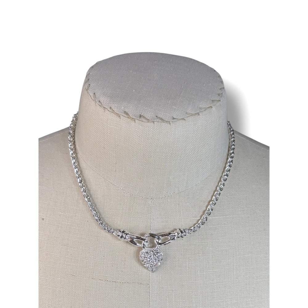 Napier Silver Tone Pave Crystal Heart Lock Rope Chain Necklace